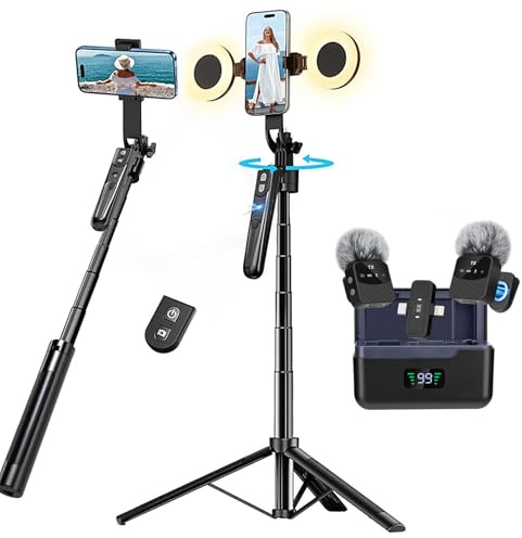 Zarcaco Professionelles Vlogging-Kit für iPhone/Android, 178,8 cm (70 Zoll), automatisches Gesichtstracking-Stativ für iPhone mit Licht, 25 Stunden Akkulaufzeit, kabellose Mikrofone, Content Creator