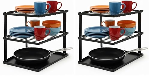 joeji's Kitchen Estante para platos que no se tambalea para almacenamiento de cocina - Estante para platos de esquina para armario - Organizador de estantes 25x25x19cm Negro (Paquete de 2)