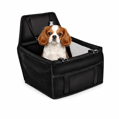 QLS Hundeautositz 40x40x32 cm für kleine Hunde & Welpen – sicherer, wasserfester Autositz-Transporter mit Gurtsicherung, atmungsaktivem Netz & Fronttasche, einfach montierbar