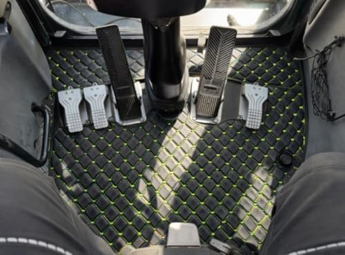 Tapis de sol pour pelleteuse LIEBHERR 910-936, sol en cuir synthétique matelassé de qualité supérieure avec coutures colorées (noir avec coutures vertes fluo)