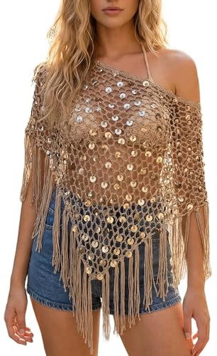 SANSIWU Women's Fringe Crochet Sequin Poncho Top Y2k See Through Hollow Out Knit Shrug Shawl Lightweight Beach Cover Up