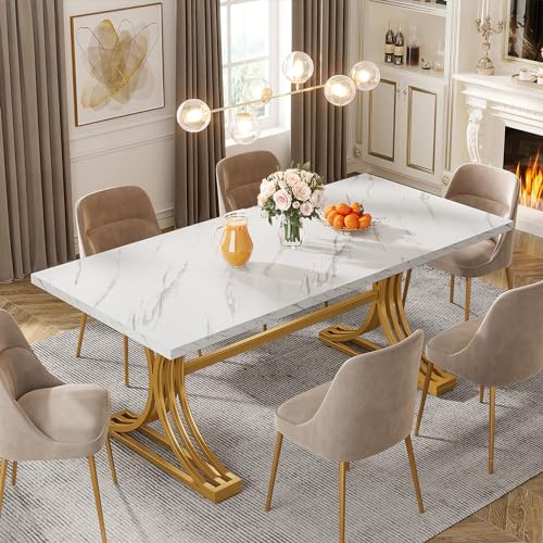 Tribesigns Esstisch 160x80 cm Für 4–6 Personen, Moderner Küchentisch Mit Kunstmarmor Tischplatte, Stabiler Metallrahmen In Goldoptik, Esszimmertisch Für Küche Wohnzimmer, Weiß Gold