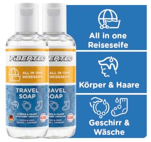 FIBERTEC Travel Soap 2 x 100ml - All-in-1 Reise-Seife flüssig, Körperpflege, Waschmittel & Geschirrspülmittel in einer Universal-Lösung, Made in Germany
