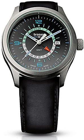 Traser Herren Armbanduhr Aurora GMT Lederband Schwarz 42 mm, Selbstleuchtend, Wasserdichtigkeit: 10bar, Höhe 10 mm, 107231