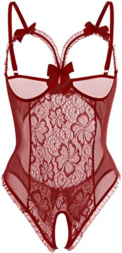 Lingerie for Women Sexy Teddy One-Piece Lace Babydoll Bodysuit Nightie Plus Size, Wine Red, S