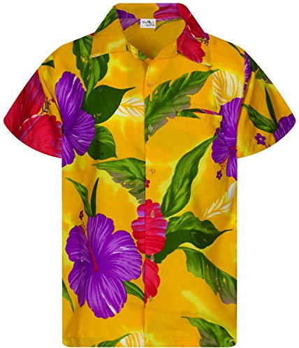 King Kameha Funky Chemise-Hawaienne, Manche-Courte, Big-Flower, Jaune, 3XL