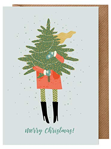 dabelino 1x Weihnachtskarte mit Umschlag Blonde Frau mit Tannenbaum (für beste Freundin, Ehefrau, Schwester, Mutter, Karte Weihnachten einzeln, nachhaltig)