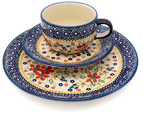 Bunzlauer Kaffee-Gedeck mit Tasse, Untertasse und Teller 21,5 cm (Dekor Cornelia)