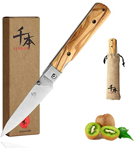 SENBON 440A Stainless Steel Ultra Sharp Pocket Folding Japanese Peeling Utility Knife Natural Olive Handle Camping Trip Outdoor Portable Knife
