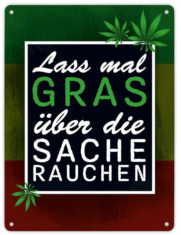 Lass mal Gras über die Sache rauchen Metallschild XL in 21x28 cm mit Marihuanablatt witziges Blechschild in Reggaefarben mit lustigem Spruch für Kiffer