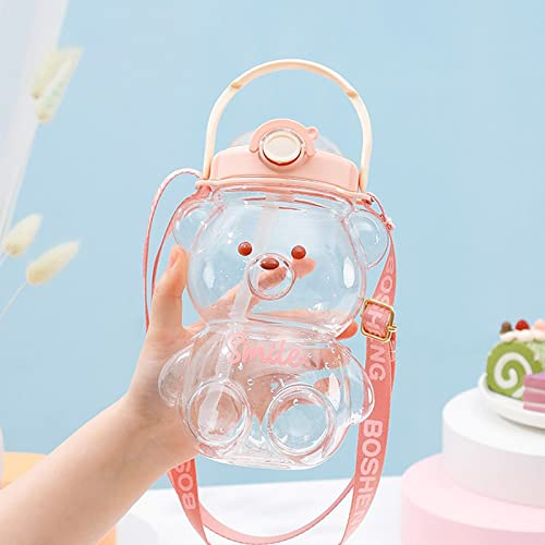 Kawaii Bear Straw Bottle, Kawaii Water Bottles Cute Water Bottle with Straw and Built in Carrying Loop, Removable Shoulder Strap, Leak-Proof Kawaii Bear Water Bottle for Girls