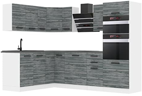 Belini Küchenzeile Küchenblock Küche L-Form Melanie Küchenmöbel mit Griffe, Einbauküche ohne Elektrogeräten mit Hängeschränke und Unterschränke, ohne Arbeitsplatten, Glamour Wood
