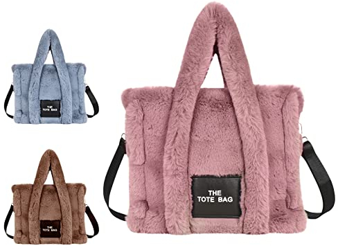 Aucuu Plüsch Tragetasche, Flauschige Tragetasche mit Reißverschluss, Schultertasche, Große Kapazität Umhängetasche, Verstellbarer Schultergurt, für Frauen für Einkaufen, Schule, Reisen, Arbeit