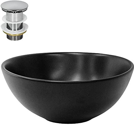 ML-Design Lavabo Diseño Redondo Ø 280 x 150 mm Negro de Cerámica Mate Fregadero para Pared o Sobre Encimera con Juego de Desagüe Cromado Lavamanos Estilo Moderno Pila para Mueble de Baño Aseo
