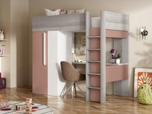 Vente-unique-Hochbett mit Schreibtisch & Kleiderschrank + Matratze - 90 x 200 cm - Rosa & Weiß - Nicolas
