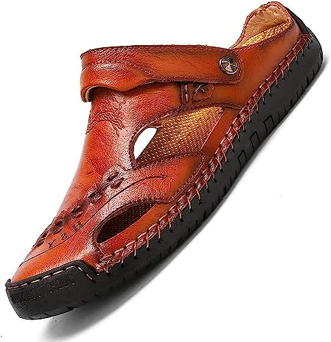 Vnook Men's Soft Cowhide Leather Closed Sandals Outdoor Hiking Beach Sandals Summer Men Breathable Slip-On Slipper Loafer Arch Support Orthotic Slides (Color : Reddish brown, Size : 10 UK)