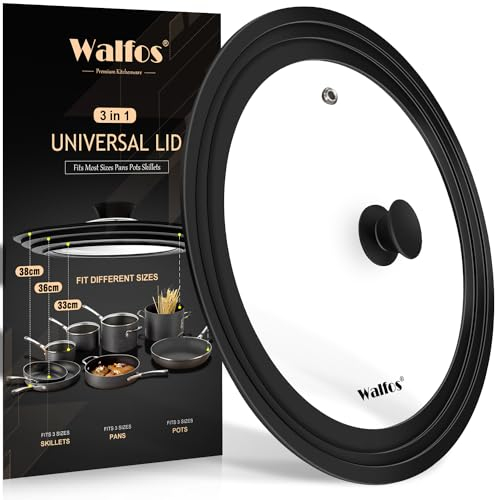 Walfos Coperchio Universale Ø 38 cm, 36 cm e 33 cm, in Vetro per Pentole e Padelle con Bordo in Silicone Graduato
