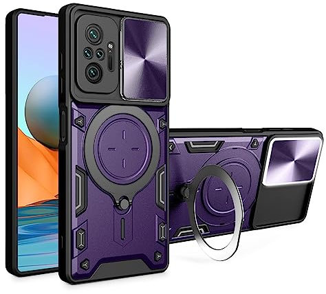 SEAHAI Funda para Xiaomi Redmi Note 10 Pro 4G, [Rugged Armour] Antigolpes Carcasa con Metálico Anillo Magnético Soporte y Cámara Deslizante Proteger, Anti-Caída Silicona Case - Morado Oscuro