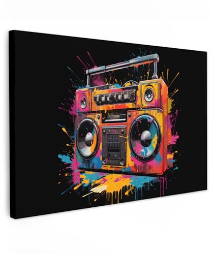 MuchoWow© Impressions sur Toile 90x60 cm Deco Tableau Murale Decoration Salon Peinture Tableaux Chambre Toiles Maison Radio - Graffiti - Boîte - Couleurs - Noir