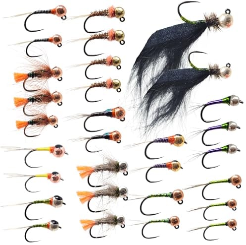 The Fly Crate Fliegenfischen für Forellen, ohne Widerhaken, europäisches Nymphenfliegen-Sortiment mit Wolframperlen, Jigs, Perdigons, Blutegel und Nymphen ohne Widerhaken