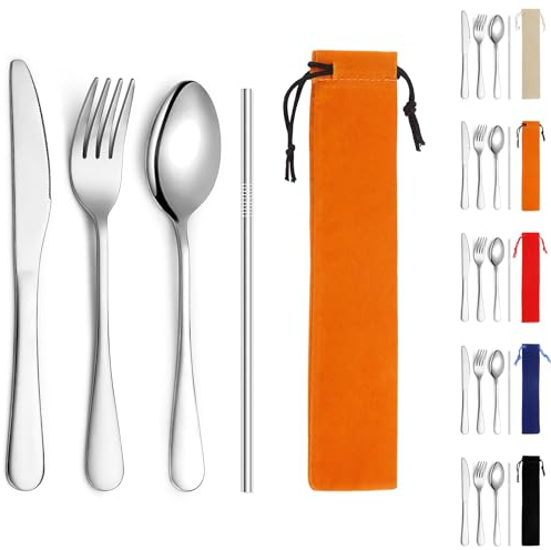 Kyraton Juego de cubiertos portátiles, incluye cuchillo, tenedor, cuchara y pajita, para uso en exteriores, picnics y viajes, aptos para lavavajillas, Juego de 4 cubiertos