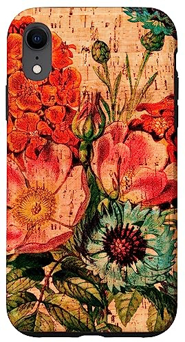 Botanische Blumen Etui Kork Holzmaserung Design Druckeffekt Hülle für iPhone XR