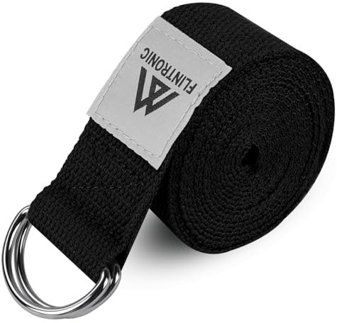 flintronic Yoga Cinturon, Natural Correa Yoga Algodon, con Hebilla Metal D-Anillos, para Principiantes y avanzados, Ejercicios de Estiramiento, Fitness, Pilates - Negro (250 x 3.8 cm)
