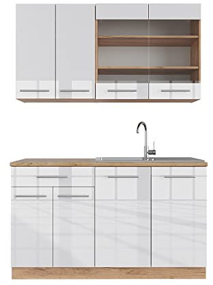 Vicco Singleküche Fame-Line, Weiß Hochglanz/Goldkraft Eiche, 140 cm, AP Eiche