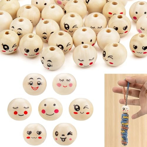 zrfgbxim 70pcs Lächeln Gesicht Holzperlen mit Gesicht 20mm, 7 Stile Natur Runde Holzperlen zum Auffädeln, Holzkugeln Holzköpfe mit Gesicht für DIY Schmuck Makramee Sorgenwürmchen (Lächeln Gesicht 70)