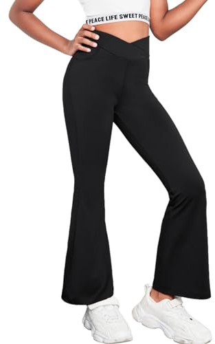 trudge Arshiner Mädchen Leggings Schlaghosen V Crossover Flared Yogahose Schlag Sporthose Kinder Ausgestellte Hosen für Yoga, Tanz, Laufen Schwarz 160