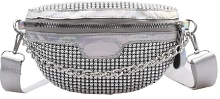 Tasche mit Strasssteinen Mode Strass Taille Packs Frauen PU Brust Tasche Casual Zipper Glänzende Brust Telefon Pack Dame Leichte Umhängetasche for Reise Für tägliche Reisen, Partys, Abendpartys(Silver