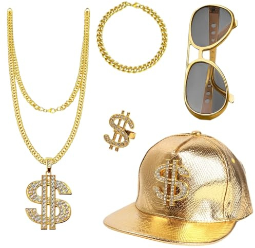 REYOK 5PCS Hip Hop Rapper Costume Set for Women Men – 80s 90s Gold Fancy Dress Accessories with Fake Dollar Sign Necklace, Sunglasses, Bracelet, Gold Baseball Cap for Disco Theme Party