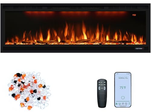 Oxhark Flame Elektrischer Kamin, schmaler Einbaukamin mit Fernbedienung, mehrfarbige Flammeneffekte mit realistischen Holzscheiten, Thermostat mit Timer, 750/1500 W, Schwarz