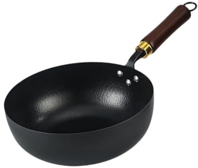 DimyFew Padella Wok Wok antiaderente Manico in legno Manuale generale Forgiatura Padella in ferro Saltare Pentole per cottura a induzione ferro Wok a, Diametro 20 Cm