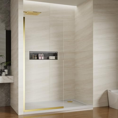 Viivppai Mampara de ducha de 36 x 76 pulgadas, panel de pared de ducha sin marco, vidrio templado de 3/8 pulgadas, revestimiento fácil de limpiar, puerta de ducha de vidrio fija con herrajes (oro