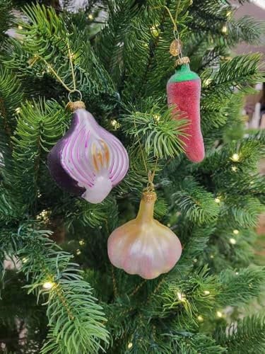 Christbaumschmuck Gemüse 3er-Set Glitzer Weihnachtsdeko Knoblauch Chili Zwiebel