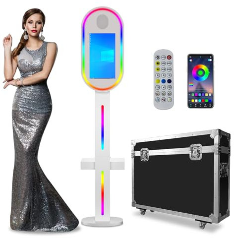 DSLR Photo Booth mit 15,6“ Spiegel Touchscreen Fernbedienung, tragbare Photo Booth Maschine Selfie Station Shell Stand DIY Fotokabine mit Ring Light Flight Case für Vermietungen Events