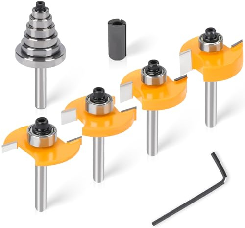 Rabbet Router Bit Set with 6 Bearings, 1/4-Inch Shank, 4Pcs Bits | (1/8，3/8 to 1/2 Height) for Woodworking, Rabbet, Biscuit Joiner & Slot Cutting，Bearings with 1/2 to 1/4 Router Collett