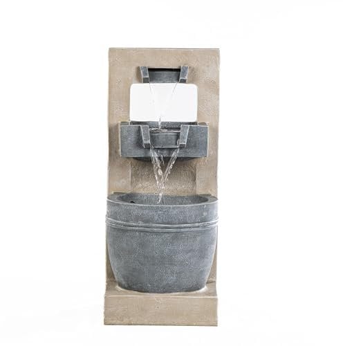 Serenity Cascading Bowl Water Feature with LED Lights Outdoor Garden Fountain Stone Effect Polyresin Self-Contained Pump 70cm Elegant Patio Décor Mains Powered