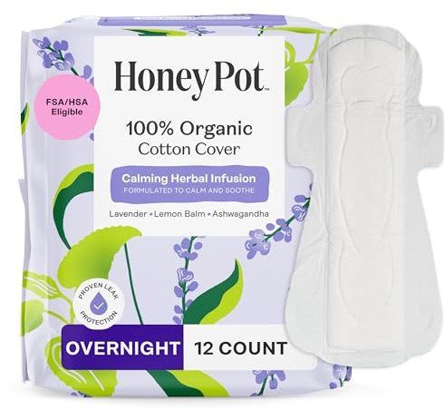 Honey Pot Calming Overnight Sanitary Pads for Women - 100% Organic Cotton Top Sheet - Feminine Care - Non Cooling - Calming Herbs of Lavender, Ashwagandha, & Lemon Balm - 12ct