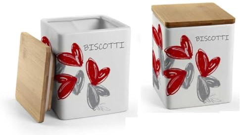 Utilissimi EDITACASA Biscottiera in Ceramica, Design Love Me, Contenitore Quadrato 13x17 cm con Coperchio in Legno, Bianco con Decorazioni Rosse