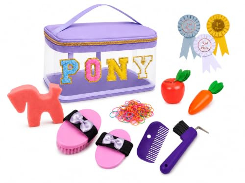 Hobby Horse Zubehör – Pferde Putzset Kinder: Tasche, Bürsten & Hufkratzer | Hobby Horse Putzset mit Bürsten, Hufkratzer, Putztasche, Schleifen & Mähnengummis – für Hobby Horses, Ponys & Pferde