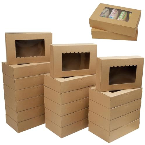 Yudobliss Keksschachtel mit Sichtfenster, Kraftkarton Tortenschachtel, Braun Gebäckkarton, Geschenkbox für Party, für Cookies, Cupcakes, Bizcochos, Muffin Verpackung (30)