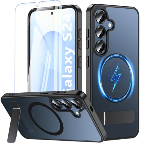 für Samsung Galaxy S24 Hülle mit Ständer+Panzerglas-Magnetische Handyhülle,TOP Militärschutz S24 Case mit Flachständer für MagSafe,Stoßfest Kratzfest Schutzhülle Galaxy S24 mit Kameraschutz-Schwarz
