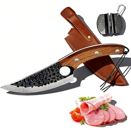 OOKUU Hand-Forged Chef Knife Set with Leather Sheath & Sharpener - Razor Sharp Stainless Steel Blade, Ergonomic Handle - Professional Kitchen & Outdoor Camping Knife