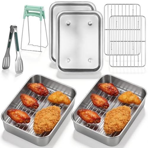 Zocipro 2-Piece Stainless Steel Air Fryer Liners 20x15x5 cm | with Rack, Tongs & Lifter, Compatible with Ninja AF300UK AF400UK AF451UK & COSORI Dual 8.5L, Dishwasher Safe
