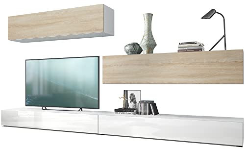 Vladon Wohnwand Nublo, Made in Germany, Anbauwand mit Rückwand mit 2 Klappen und 2 Sockelelementen, Korpus Weiß matt, Fronten Weiß Hochglanz und Eiche sägerau (280 x 147 x 39 cm)