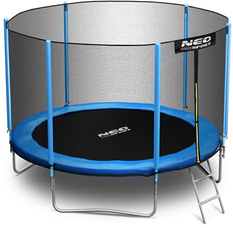 Neo-Sport Trampolin Outdoor Kinder Gartentrampolin Sicherheitsnetz Außen Leiter Gepolsterte Stangen Wetterfest Rostfrei Belastbar bis 150 kg Blau Schwarz 312 cm