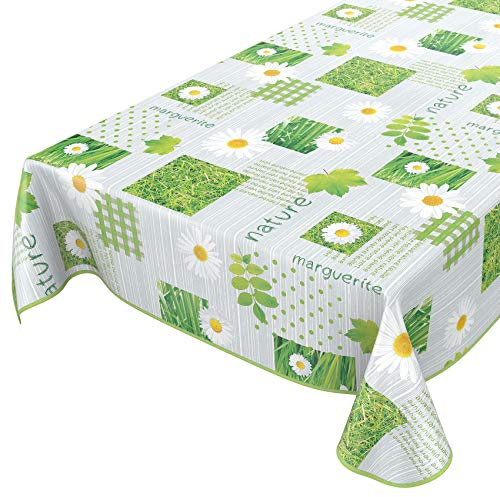 Wachstuchtischdecke abwaschbar Garten Tischdecke Wachstuch Rund Oval Eckig Indoor Outdoor Karo Kamille Grün 160x140cm mit Saum - Eingefasst