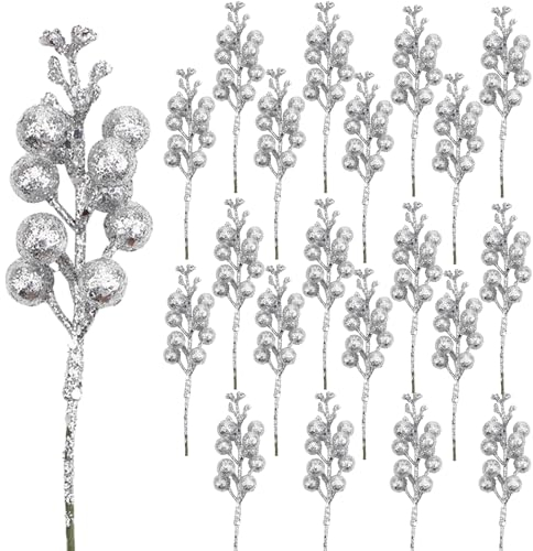 DIYASY Silberfarbene Beeren-Stiele für Weihnachtsbaumschmuck, 20 Stück, 19 cm, künstliche Glitzer-Weihnachtsbaumspieße, DIY-Weihnachtskranz, Urlaubs- und Heimdekoration